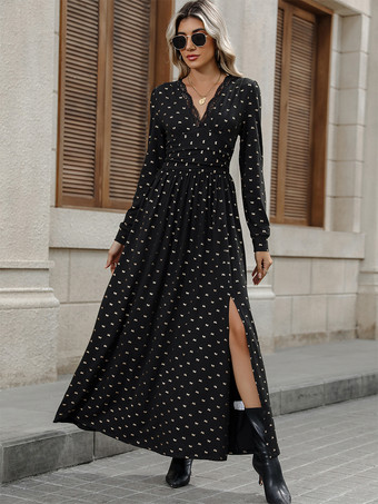 ブラック 2025年秋冬、Vネックと長袖のバタフライプリントマキシスリットドレス