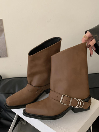 ディープブラウンレディース アンクルブーツ スクエアトゥ バックルディテール フラットブーティ