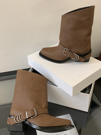 レディース アンクルブーツ スクエアトゥ バックルディテール フラットブーティ