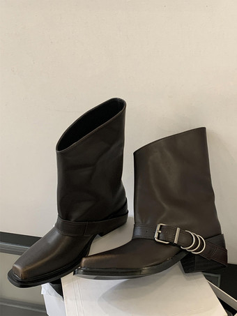 ブラック レディース アンクルブーツ スクエアトゥ バックルディテール フラットブーティ