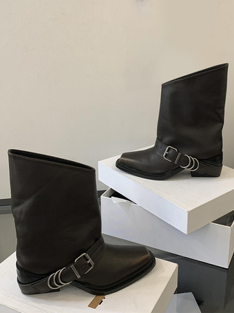 レディース アンクルブーツ スクエアトゥ バックルディテール フラットブーティ