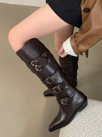 ブラウン ブラウンのニーハイブーツ、スクエアトゥ、バックルディテール、フラットライディングブーツ