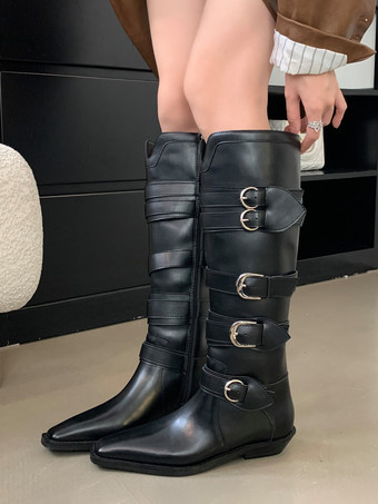 ブラック ブラウンのニーハイブーツ、スクエアトゥ、バックルディテール、フラットライディングブーツ