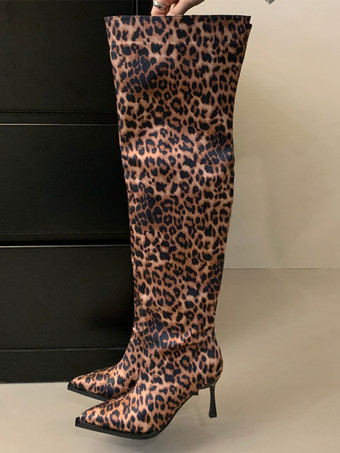 レディースニーハイブーツ ヒョウ柄 ポインテッドトゥ ハイヒール スラウチブーツ