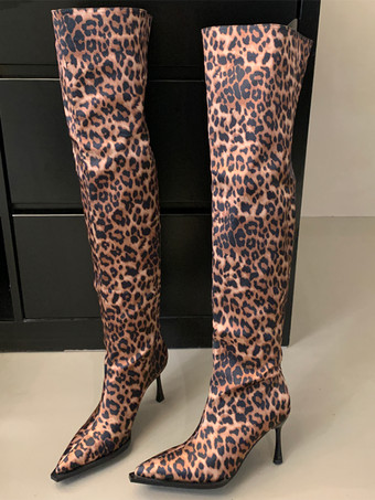レディースニーハイブーツ ヒョウ柄 ポインテッドトゥ ハイヒール スラウチブーツ
