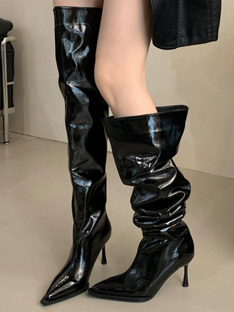 ブラック レディースニーハイブーツ ヒョウ柄 ポインテッドトゥ ハイヒール スラウチブーツ