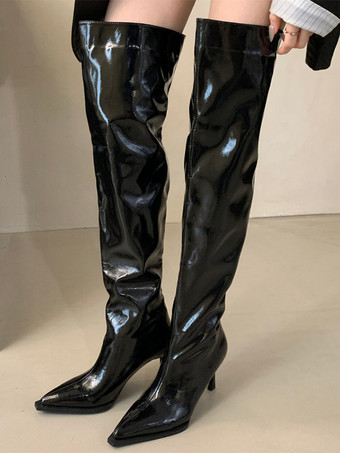 レディースニーハイブーツ ヒョウ柄 ポインテッドトゥ ハイヒール スラウチブーツ