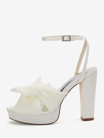 ホワイトウェディングシューズ プラットフォーム オープントゥ ボウ チャンキーヒール ブライダルシューズ