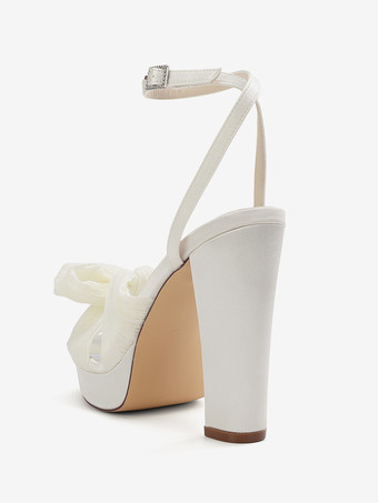 ホワイトウェディングシューズ プラットフォーム オープントゥ ボウ チャンキーヒール ブライダルシューズ