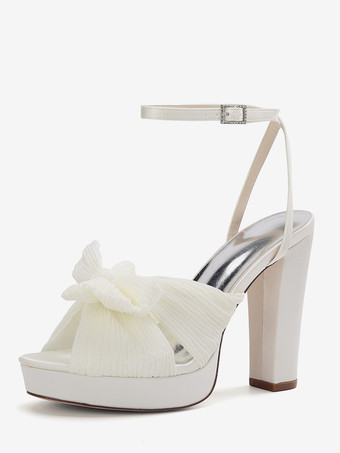 アイボリーホワイトウェディングシューズ プラットフォーム オープントゥ ボウ チャンキーヒール ブライダルシューズ
