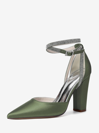 ハンターグリーン サテンウェディングシューズ ポインテッドトゥ ラインストーン アンクルストラップ ブライダルシューズ