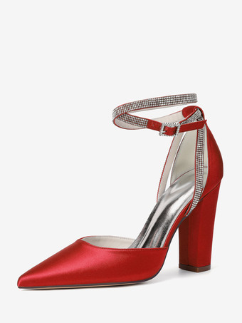 レッドサテンウェディングシューズ ポインテッドトゥ ラインストーン アンクルストラップ ブライダルシューズ