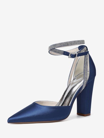 ディープブルーサテンウェディングシューズ ポインテッドトゥ ラインストーン アンクルストラップ ブライダルシューズ