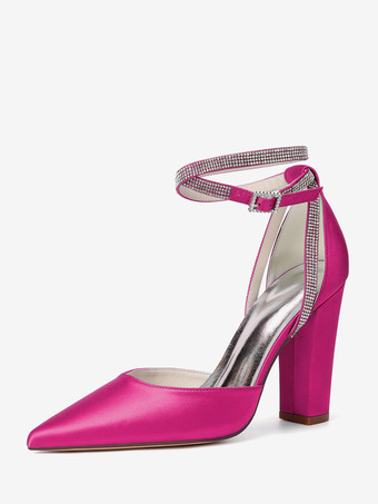 ローズレッドサテンウェディングシューズ ポインテッドトゥ ラインストーン アンクルストラップ ブライダルシューズ