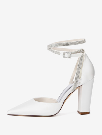 サテンウェディングシューズ ポインテッドトゥ ラインストーン アンクルストラップ ブライダルシューズ