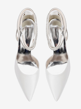 サテンウェディングシューズ ポインテッドトゥ ラインストーン アンクルストラップ ブライダルシューズ