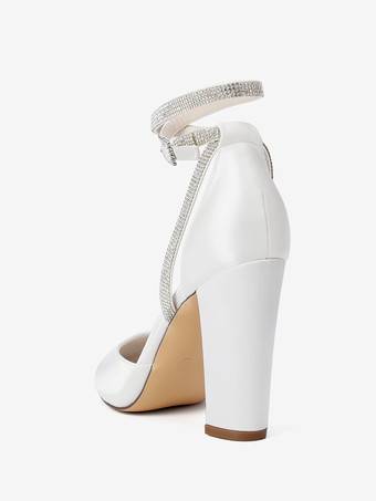 サテンウェディングシューズ ポインテッドトゥ ラインストーン アンクルストラップ ブライダルシューズ