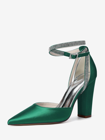 グリーン サテンウェディングシューズ ポインテッドトゥ ラインストーン アンクルストラップ ブライダルシューズ