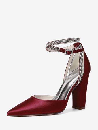ワインレッド サテンウェディングシューズ ポインテッドトゥ ラインストーン アンクルストラップ ブライダルシューズ