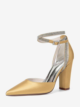 ゴールド サテンウェディングシューズ ポインテッドトゥ ラインストーン アンクルストラップ ブライダルシューズ