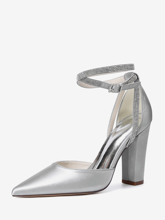 シルバー サテンウェディングシューズ ポインテッドトゥ ラインストーン アンクルストラップ ブライダルシューズ