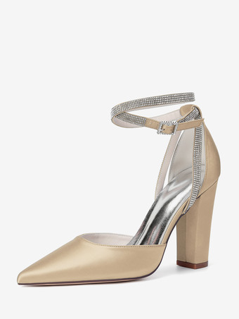 シャンパンカラーサテンウェディングシューズ ポインテッドトゥ ラインストーン アンクルストラップ ブライダルシューズ