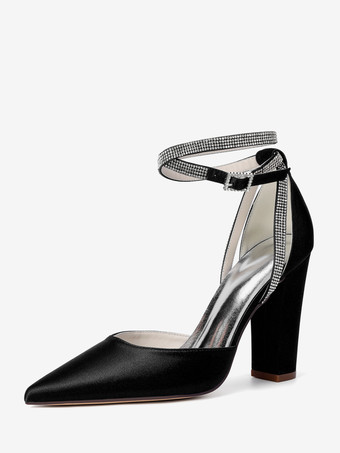 ブラック サテンウェディングシューズ ポインテッドトゥ ラインストーン アンクルストラップ ブライダルシューズ