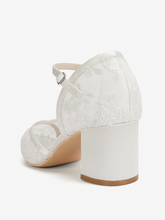 レースのウェディングシューズ、ポインテッドトゥ、チャンキーヒールのウェディングゲストシューズ