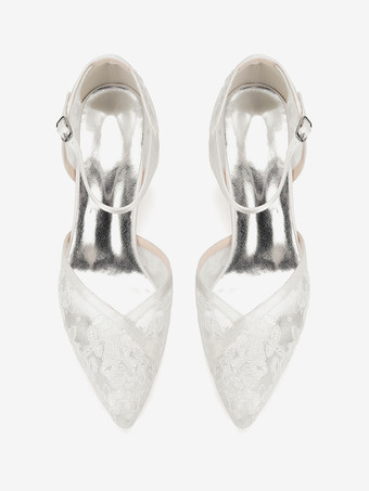 レースのウェディングシューズ、ポインテッドトゥ、チャンキーヒールのウェディングゲストシューズ