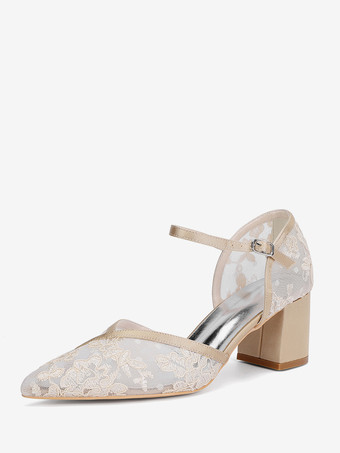 シャンパンカラーレースのウェディングシューズ、ポインテッドトゥ、チャンキーヒールのウェディングゲストシューズ