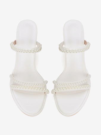 ホワイトウェディングミュール、オープントゥパール、チャンキーヒール、ブライズメイドシューズ