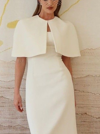 アイボリーウェディングラップ ホワイト ハーフスリーブ ジュエルネック キャップスリーブ クローク ストレッチ クレープ ボタン ブライダルカバーアップ