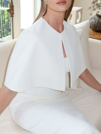 ホワイト ウェディングラップ ホワイト ハーフスリーブ ジュエルネック キャップスリーブ クローク ストレッチ クレープ ボタン ブライダルカバーアップ