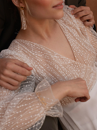 レースのウェディングドレス、トレーン付きAライン、長袖、レース、Vネック、ブライダルガウン