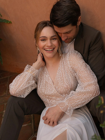 レースのウェディングドレス、トレーン付きAライン、長袖、レース、Vネック、ブライダルガウン