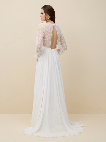 レースのウェディングドレス、トレーン付きAライン、長袖、レース、Vネック、ブライダルガウン