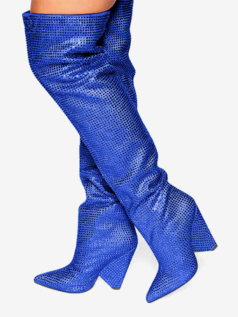 ブルー ピンクのオーバーニーブーツ、ラインストーン付きポインテッドトゥ、ウェッジヒール、サイハイブーツ、パーティーシューズ