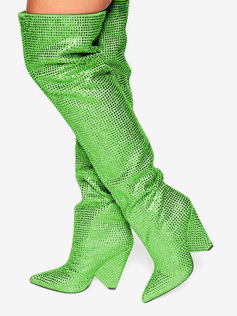 グリーン ピンクのオーバーニーブーツ、ラインストーン付きポインテッドトゥ、ウェッジヒール、サイハイブーツ、パーティーシューズ