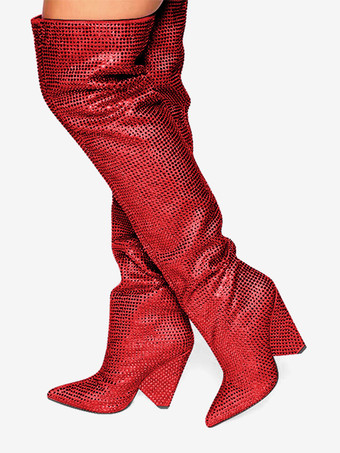 レッド ピンクのオーバーニーブーツ、ラインストーン付きポインテッドトゥ、ウェッジヒール、サイハイブーツ、パーティーシューズ