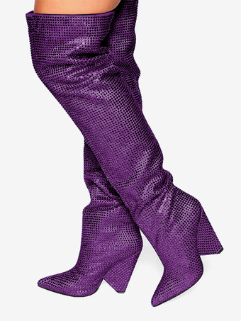 パープル ピンクのオーバーニーブーツ、ラインストーン付きポインテッドトゥ、ウェッジヒール、サイハイブーツ、パーティーシューズ