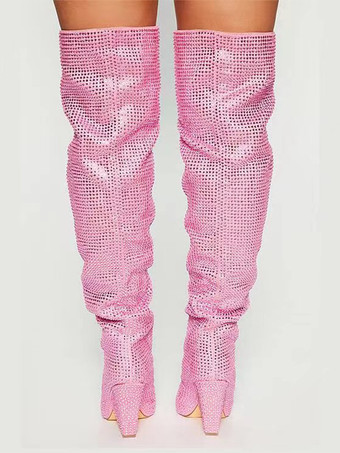 ピンクのオーバーニーブーツ、ラインストーン付きポインテッドトゥ、ウェッジヒール、サイハイブーツ、パーティーシューズ