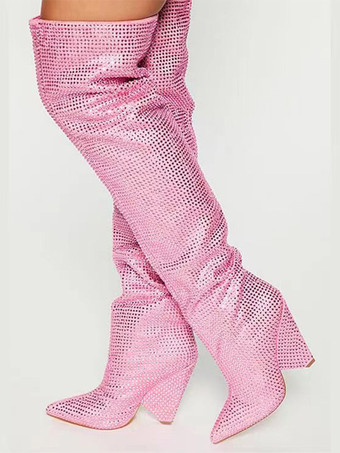 ピンクピンクのオーバーニーブーツ、ラインストーン付きポインテッドトゥ、ウェッジヒール、サイハイブーツ、パーティーシューズ