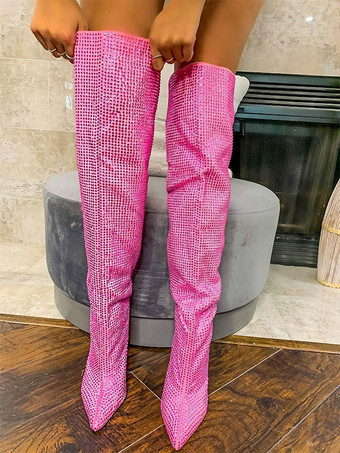 ピンクのオーバーニーブーツ、ラインストーン付きポインテッドトゥ、ウェッジヒール、サイハイブーツ、パーティーシューズ