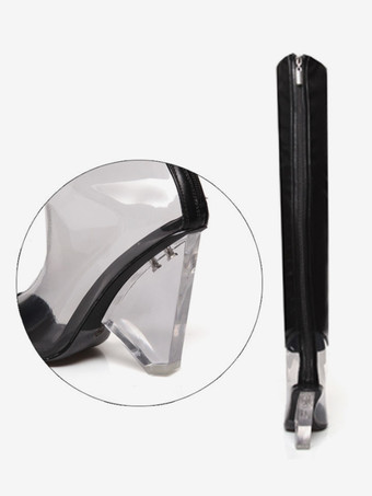 シルバーのオーバーニーブーツ、メタリックポインテッドトゥ、チャンキーヒール、サイハイブーツ