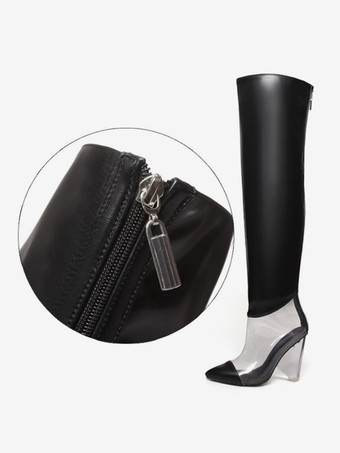 シルバーのオーバーニーブーツ、メタリックポインテッドトゥ、チャンキーヒール、サイハイブーツ