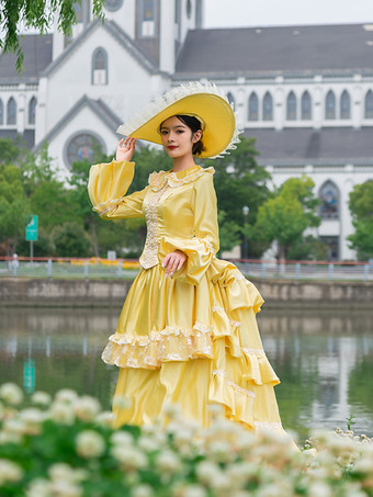 ビクトリア朝の女性用バスルドレス イエロー 歴史的風の服 ポリエステル 長袖 レース フリル コテージコア ヴィンテージドレス