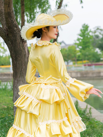 ビクトリア朝の女性用バスルドレス イエロー 歴史的風の服 ポリエステル 長袖 レース フリル コテージコア ヴィンテージドレス