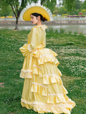 ビクトリア朝の女性用バスルドレス イエロー 歴史的風の服 ポリエステル 長袖 レース フリル コテージコア ヴィンテージドレス