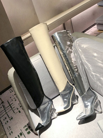 シルバーのオーバーニーブーツ、メタリックポインテッドトゥ、チャンキーヒール、サイハイブーツ