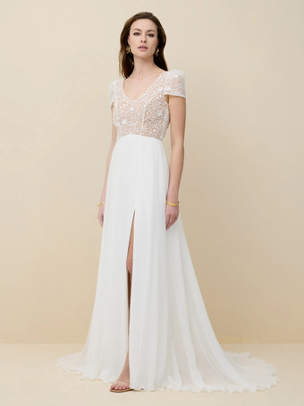 ホワイトボヘミアンウェディングドレス、ネックラインのデザイン、半袖、トレーン付きレースブライダルガウン